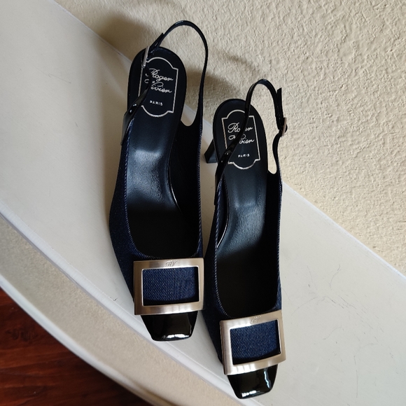 Roger Vivier Blue Denim/Black Leather Slingback New - Picture 2 of 11